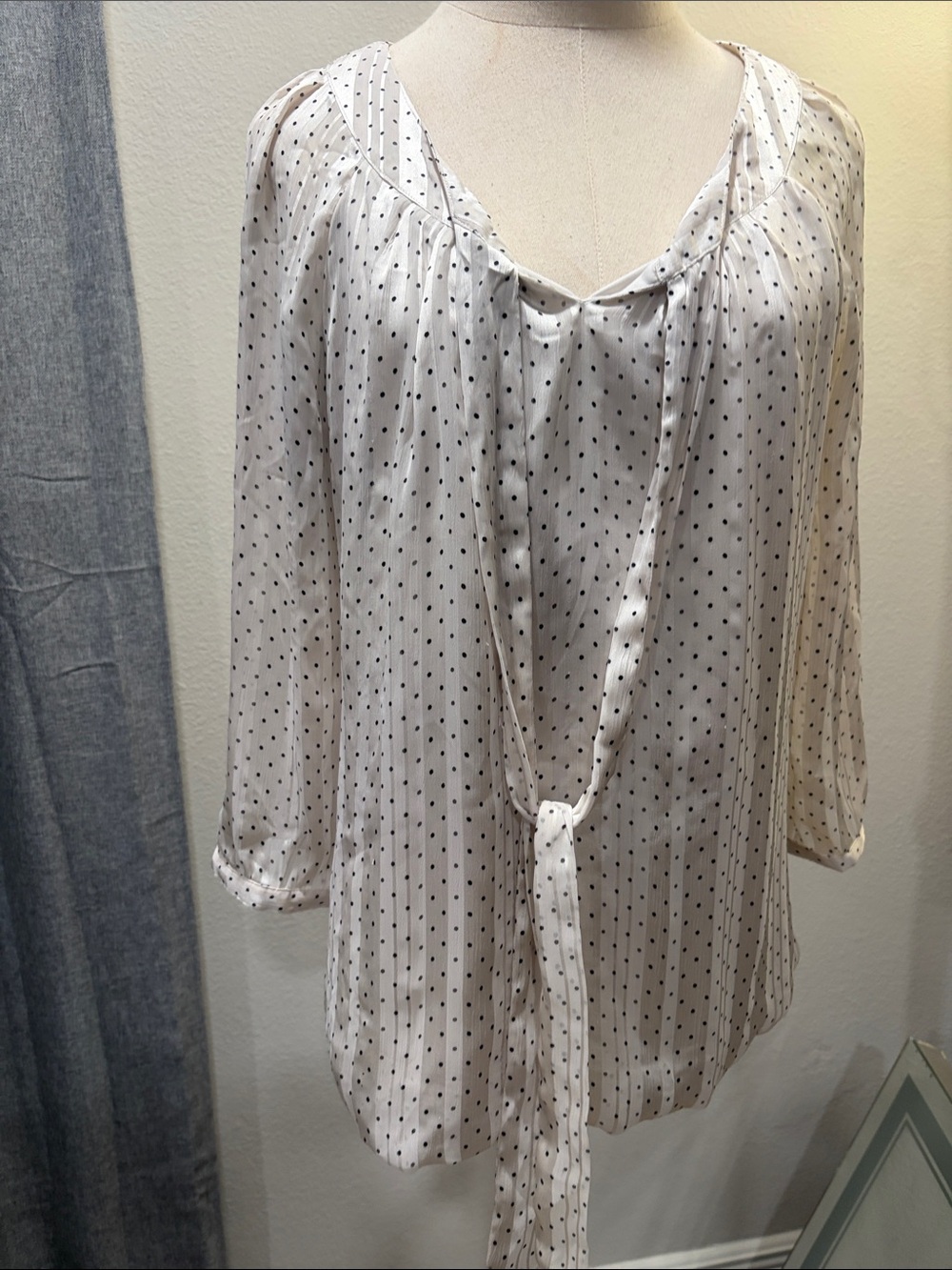 Sara Michelle Cream Blouse with Black Polka Dots and Tie